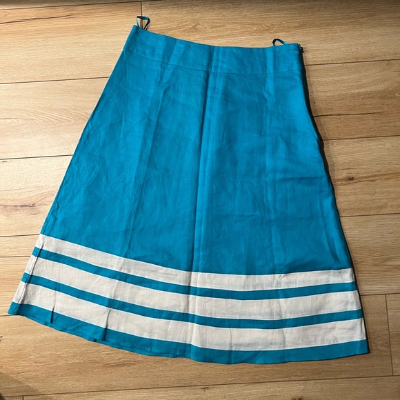 VINTAGE LINO USA Aqua Blue White Stripe Linen A Line Midi Skirt - Picture 2 of 3